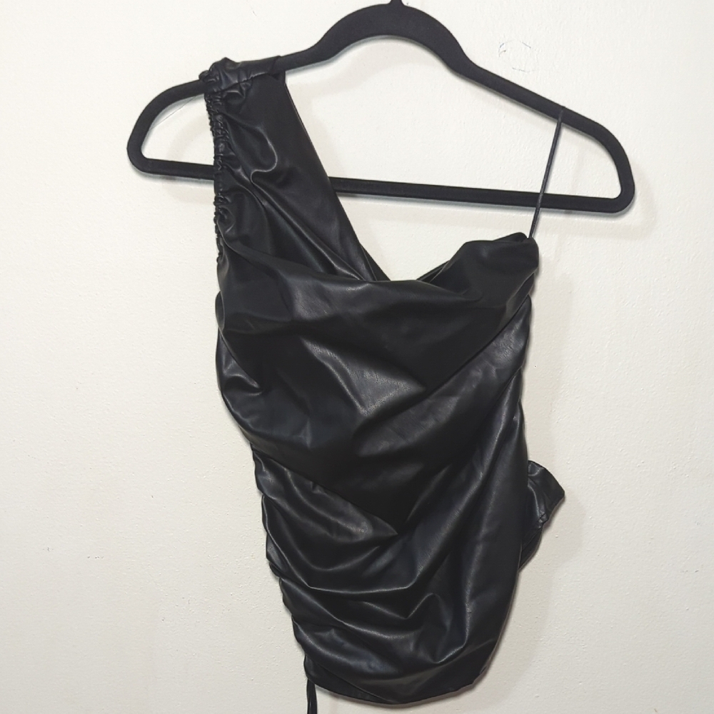 Zara One-Shoulder Faux Leather Top Black Cinched Sides NEW Women's Size S